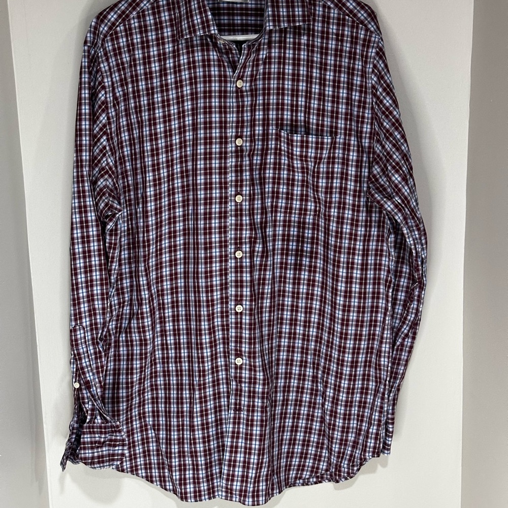 Peter Millar Blue Maroon and White Checkered Shirt. Size L. 100% cotton.